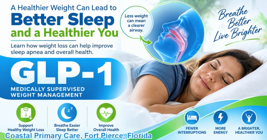 Excess Weight and Sleep Apnea: How Weight Loss Can Help You Breathe Easier and Sleep Bette. GLP-1 Weight Loss-Program provided by Coastal Primary Care, Fort Pierce, Treasure Coast, Florida